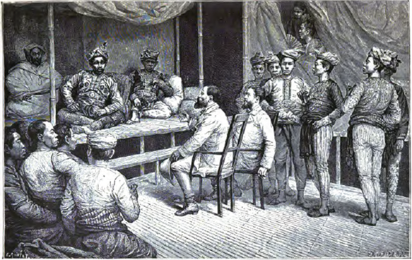 Bichara between French travelers and Jamāl al-A‘ẓam, Sultan of Sulu (Montano, 1886: 157)